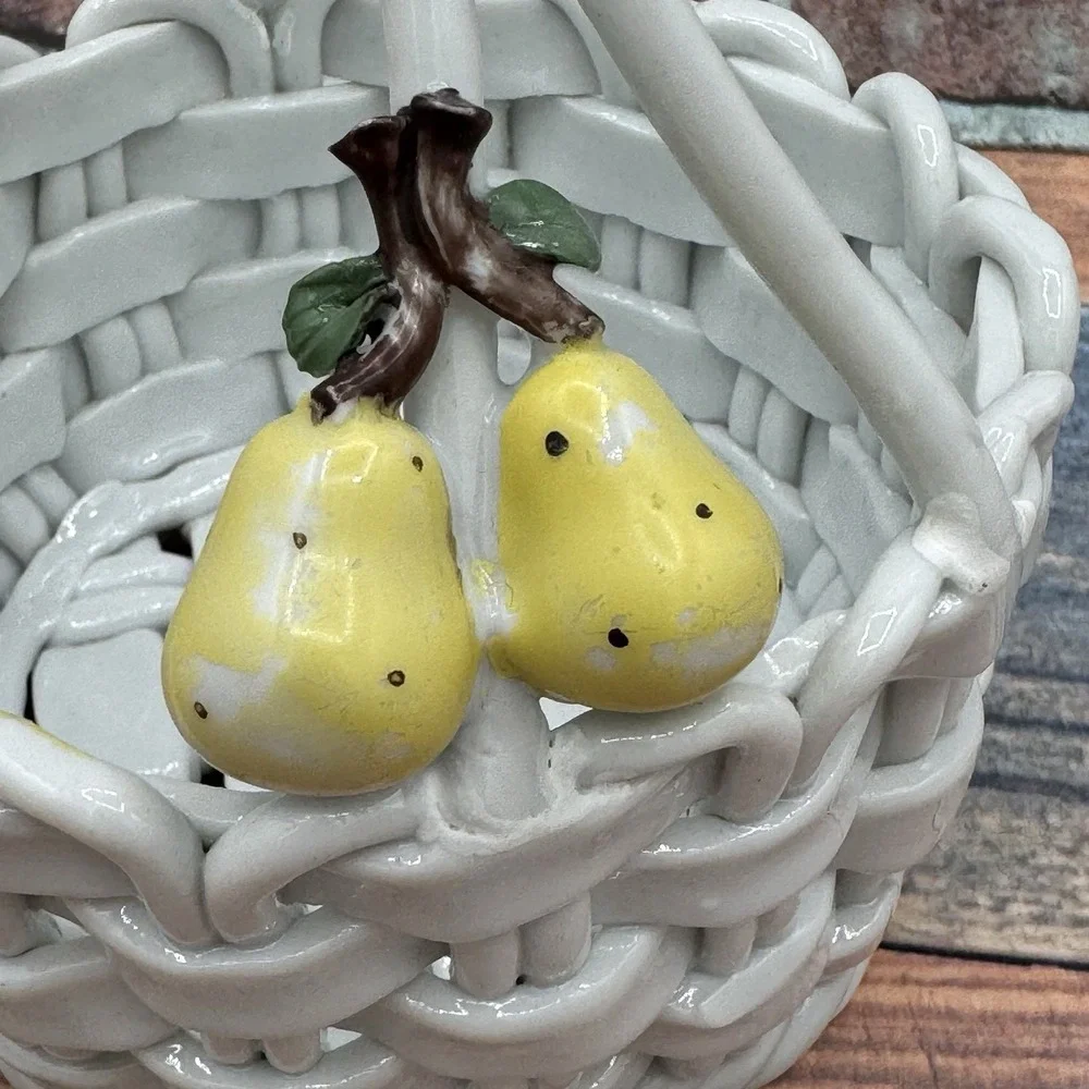 Vintage Ceramic Open Weave White Lattice Fruit Basket Pear Applique w Faux Fruit
